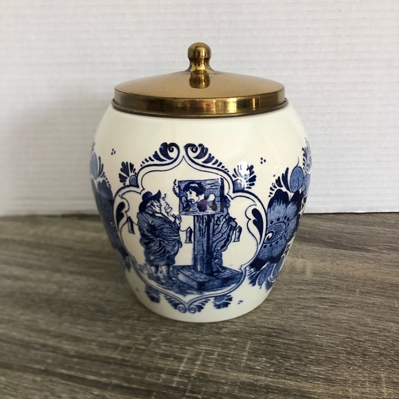 Delft Other - Classic Blue and White Ceramic Jar with Gold Lid